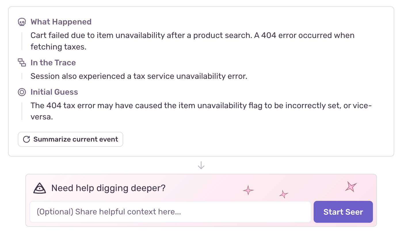 Screenshot of the Sentry Seer AI analysis panel summarizing a checkout issue, explaining that the cart failed due to item unavailability and a 404 tax service error, with an initial guess linking the two errors as a potential root cause.