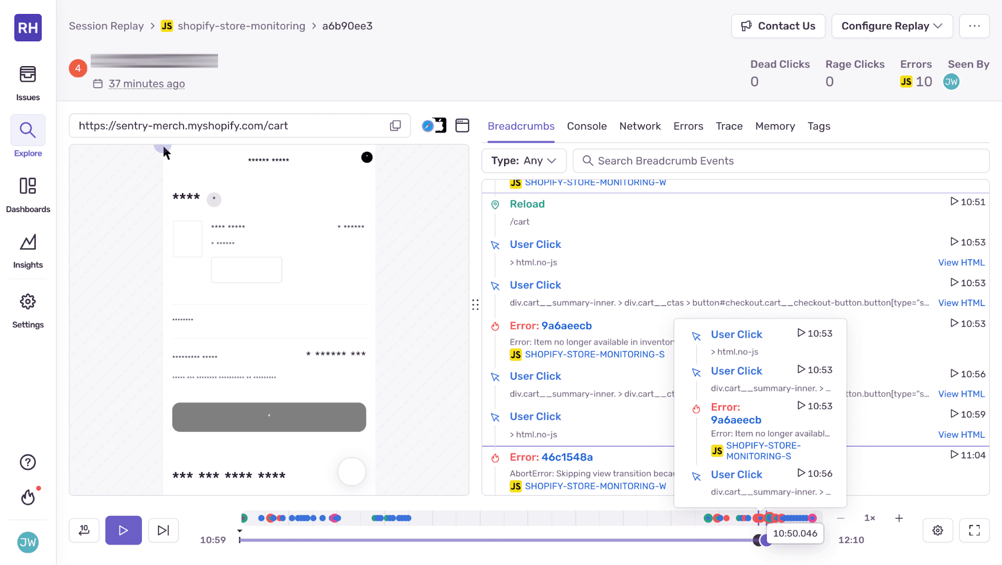 Screenshot of the Sentry Session Replay interface showing a Shopify cart page with recorded user interactions and error events, including “Item no longer available in inventory,” displayed alongside the event timeline and breadcrumb logs.