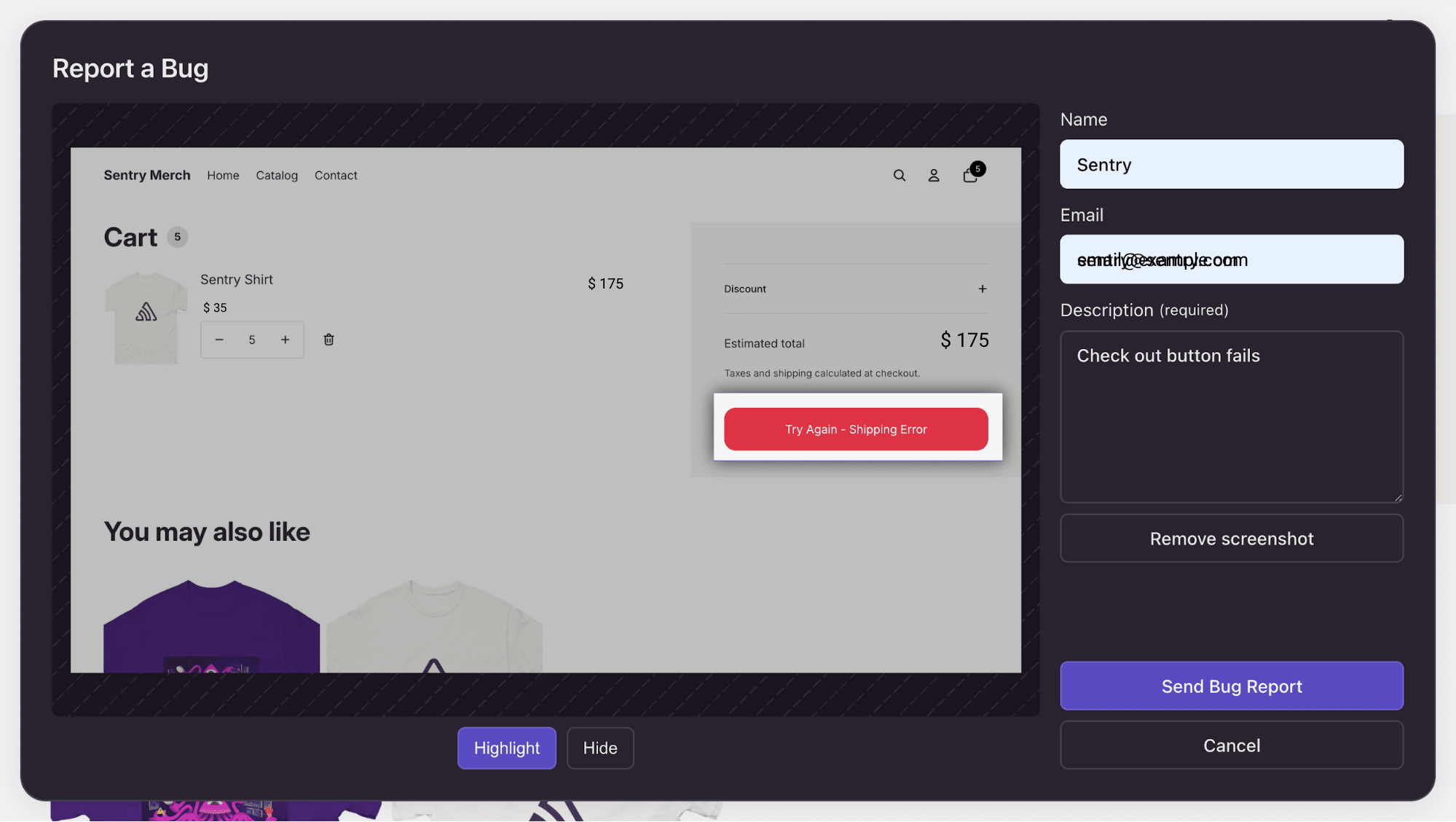 Screenshot of the Sentry “Report a Bug” feedback form showing a Shopify checkout error with a red “Try Again – Shipping Error” message, a description field labeled “Check out button fails,” and the “Send Bug Report” button highlighted.